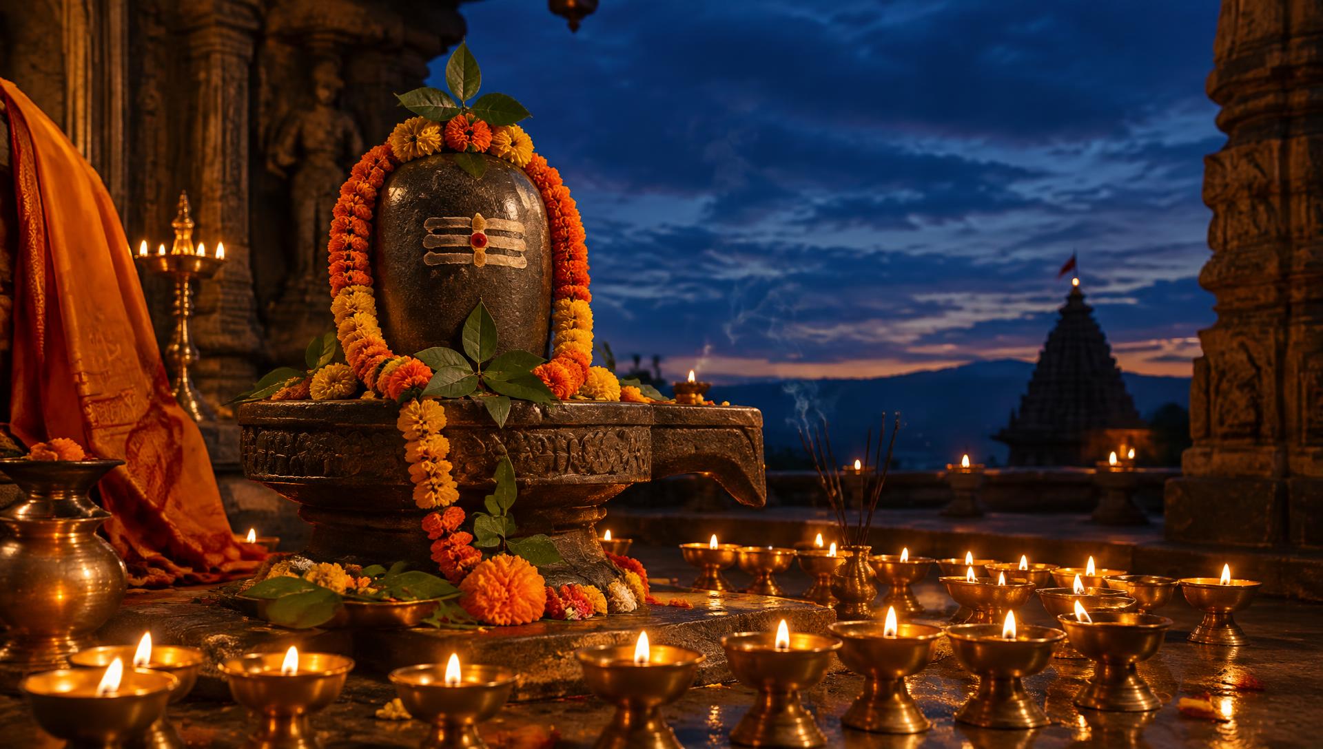 Shivling adorned with marigold garlands and glowing diyas at dusk
